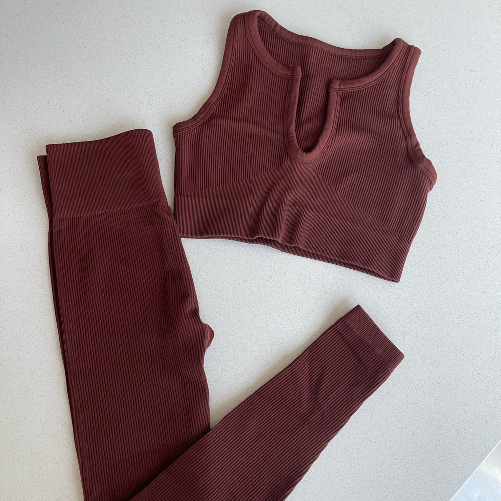 Amazon Ribbed 2 Piece Workout Set - Coffee Brown